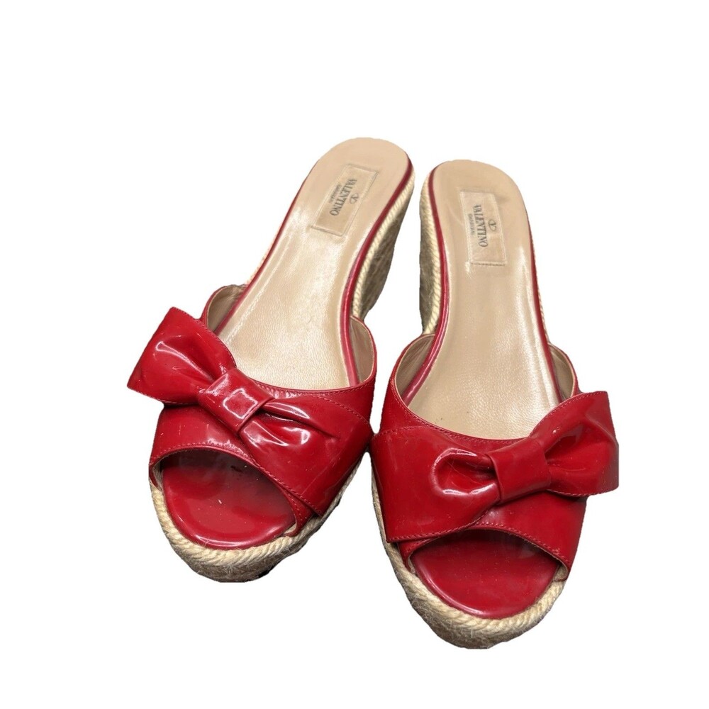 Valentino Garavani Red Bow Patent Leather Espadrilles Wedge Slide Sandal 39